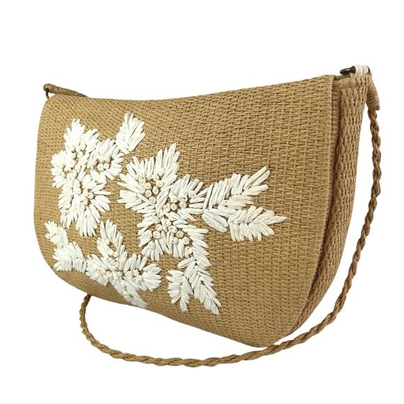 Oysho Women's Beige Tan Raffia Embroidered Floral Crossbody Shoulder Bag - Picture 1 of 6